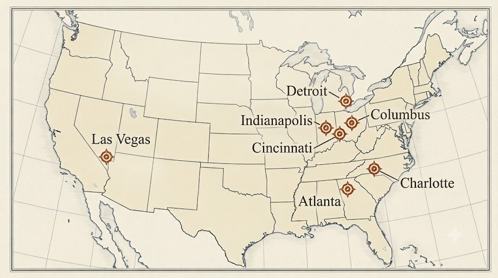 Map of U.S. cities with EB-3 sponsored positions: Cincinnati, Atlanta, Detroit, Charlotte, and Las Vegas.