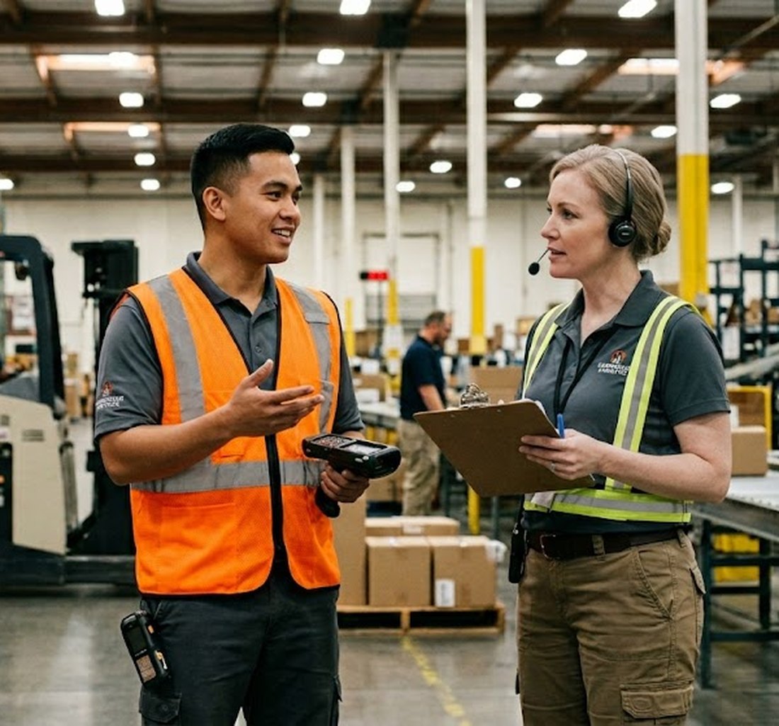 A warehouse worker talking with his supervisor