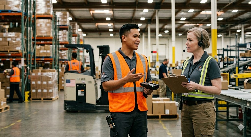 Workers on a U.S. warehouse floor — one of the roles open this cycle.